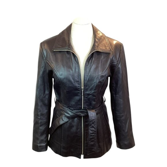 Pelle Studio Wilsons Belted Fitted Leather Jacket Womens XS Black Full zip Closu - Picture 7 of 13